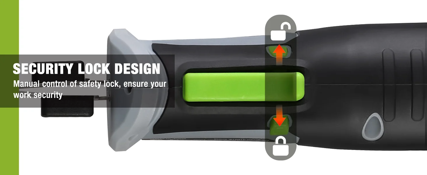 Safety lock design on a black device with a green slider, showing secure locking and manual control