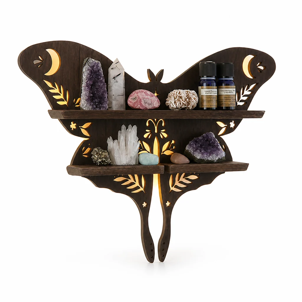 Wooden Bohemian Carved Display Shelf for Crystals and Candles