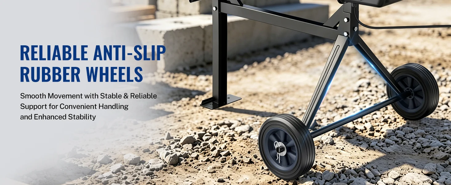 Wheelbarrow with black rubber wheels on gravel, showing innovation, quality, secure, durable, and convenient handling