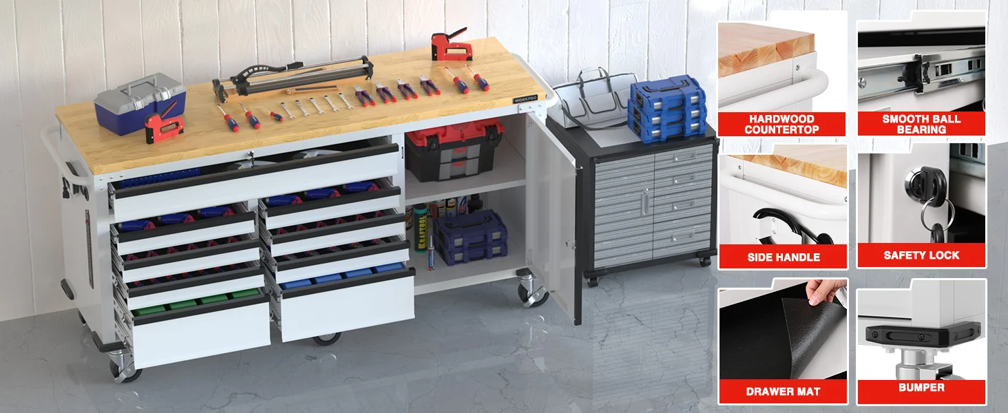 Workbench tool cart with wooden top, drawers, and labeled features like hardwood countertop and smooth ball bearing