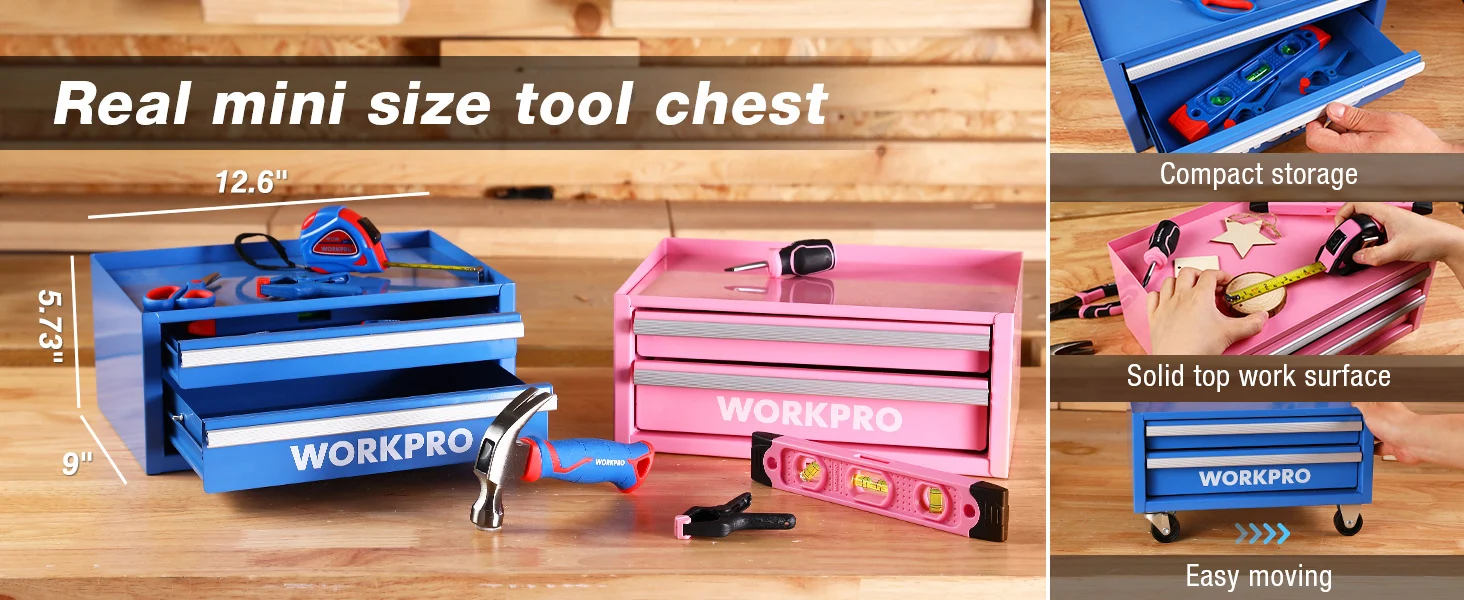Tool chest with blue and pink drawers, hand tools on a wooden workbench, compact storage and easy moving