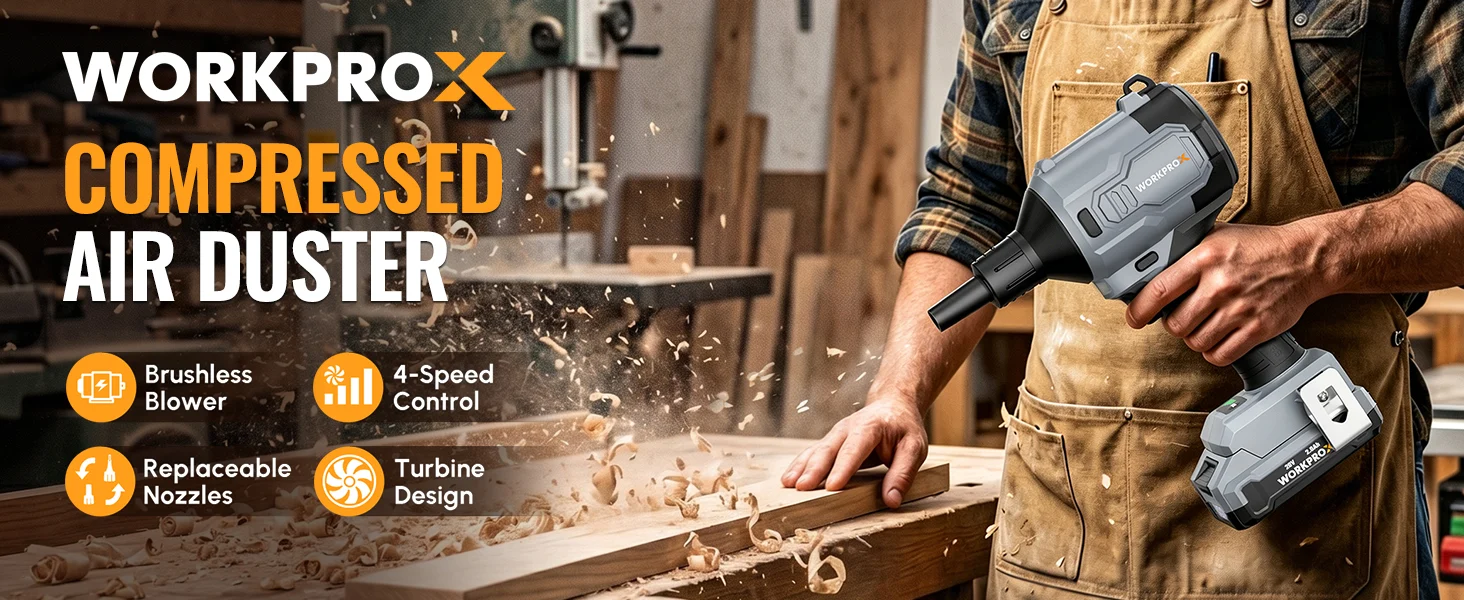 Handheld air duster tool in a workshop with sparks of dust, with WORKPRO branding on the device