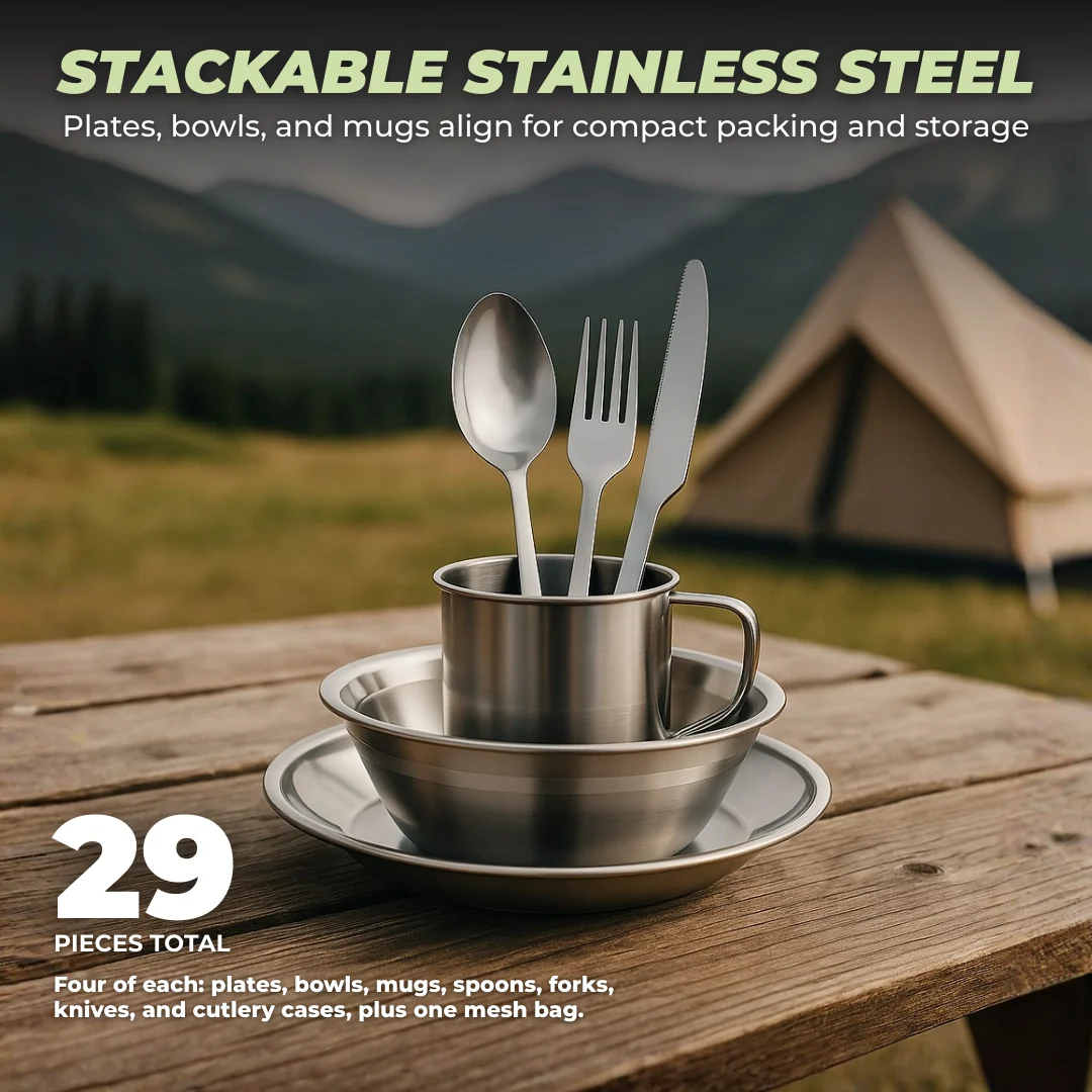 Stainless Steel Camping Dinnerware Set with Mesh Storage, 29-Piece Set