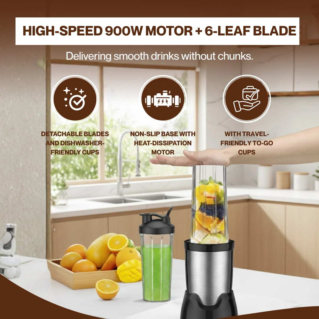 Portable Smoothie Blender with 3 Cups and 6-Leaf Stainless Steel Blade