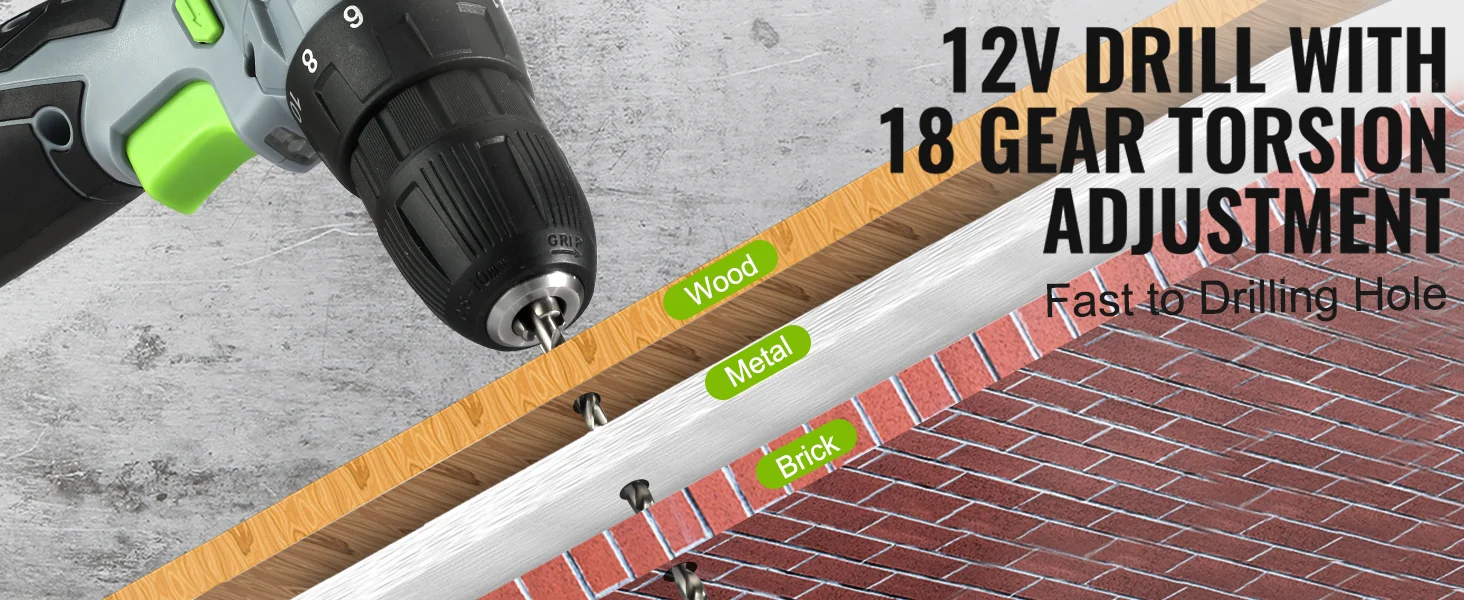 Cordless drill with 12V power and 18 gear torsion adjustment, drilling into wood, metal, and brick