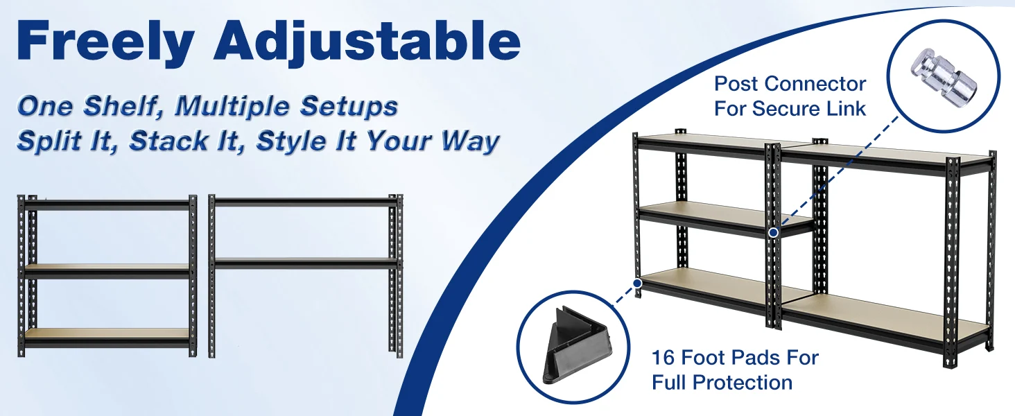 Metal shelving system with adjustable frames, post connector, and pads, showing innovation and quality in a secure setup
