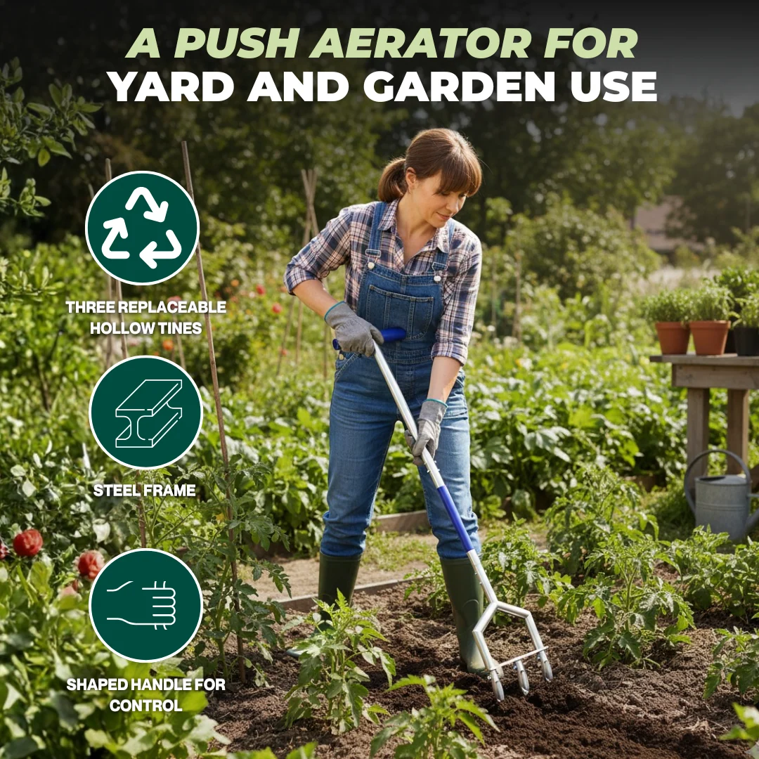 Manual Push Core Aerator Lawn Tool with 3 Hollow Tines