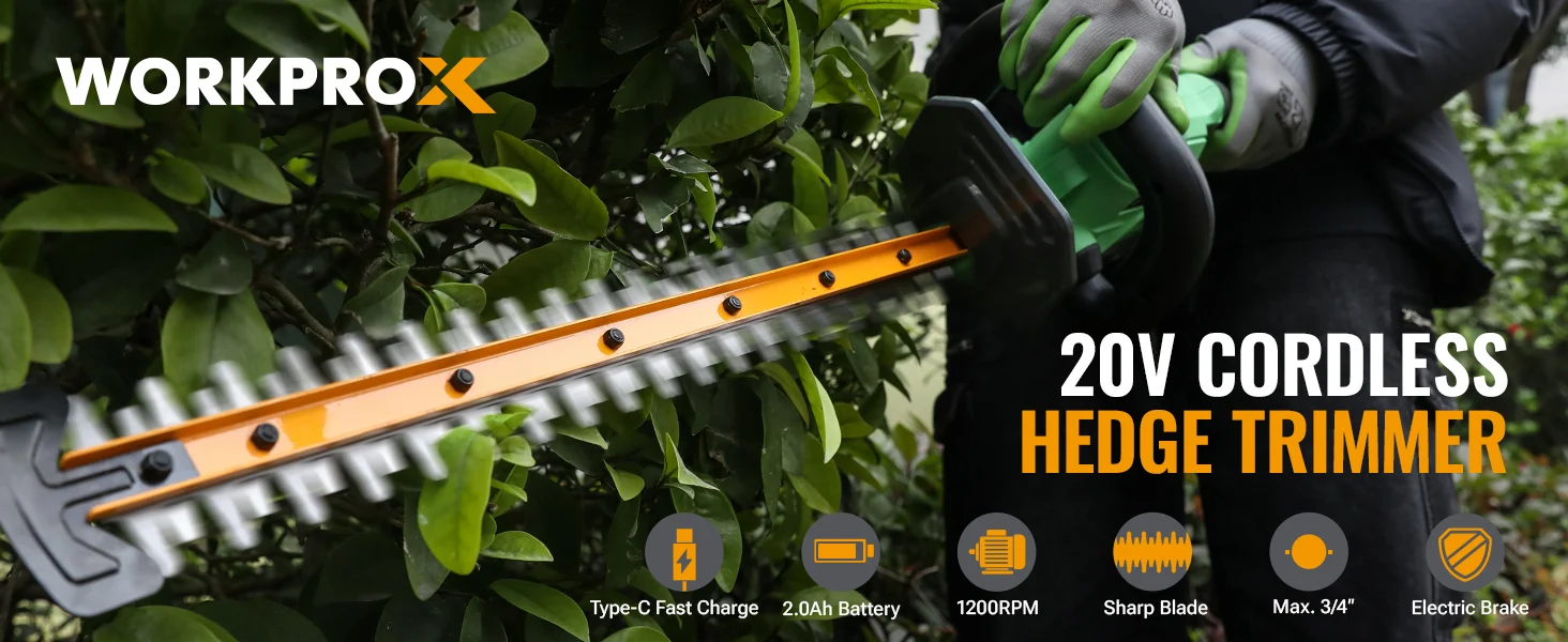 Cordless hedge trimmer with orange and silver bar, green gloves, and foliage background showing innovation and quality