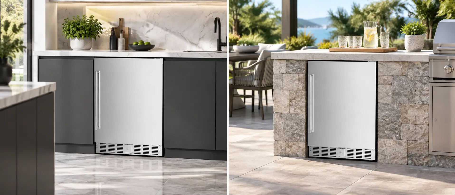 Kismile indoor outdoor beverage refrigerator installed in modern kitchen and patio bar settings