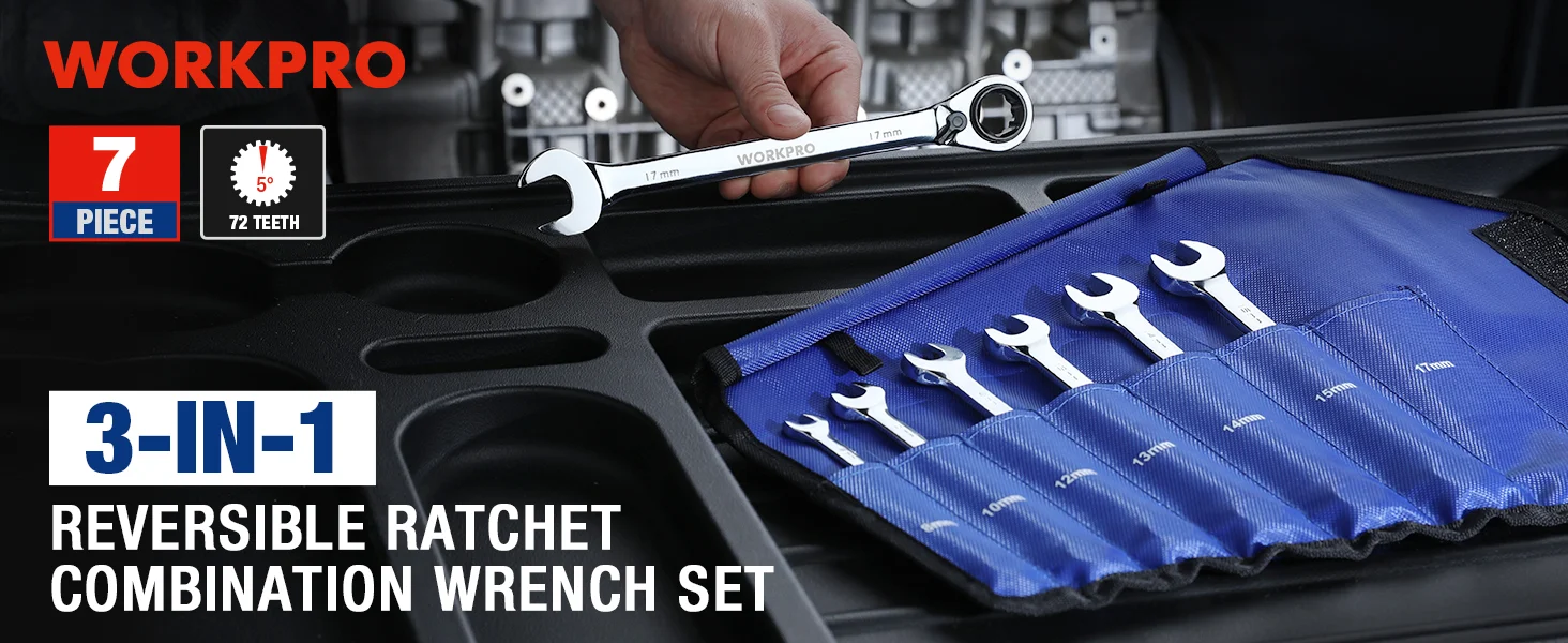 3-In-1 reversible ratchet combination wrench set with innovation and quality shown in a blue tool case