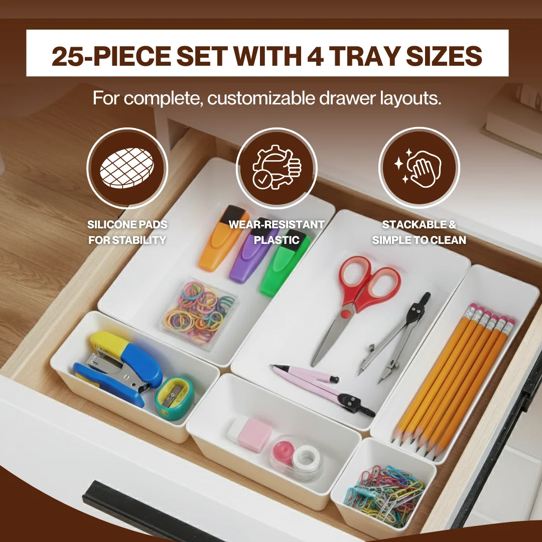 Plastic Drawer Organizer Set 25-Piece in 4-Size Storage Trays