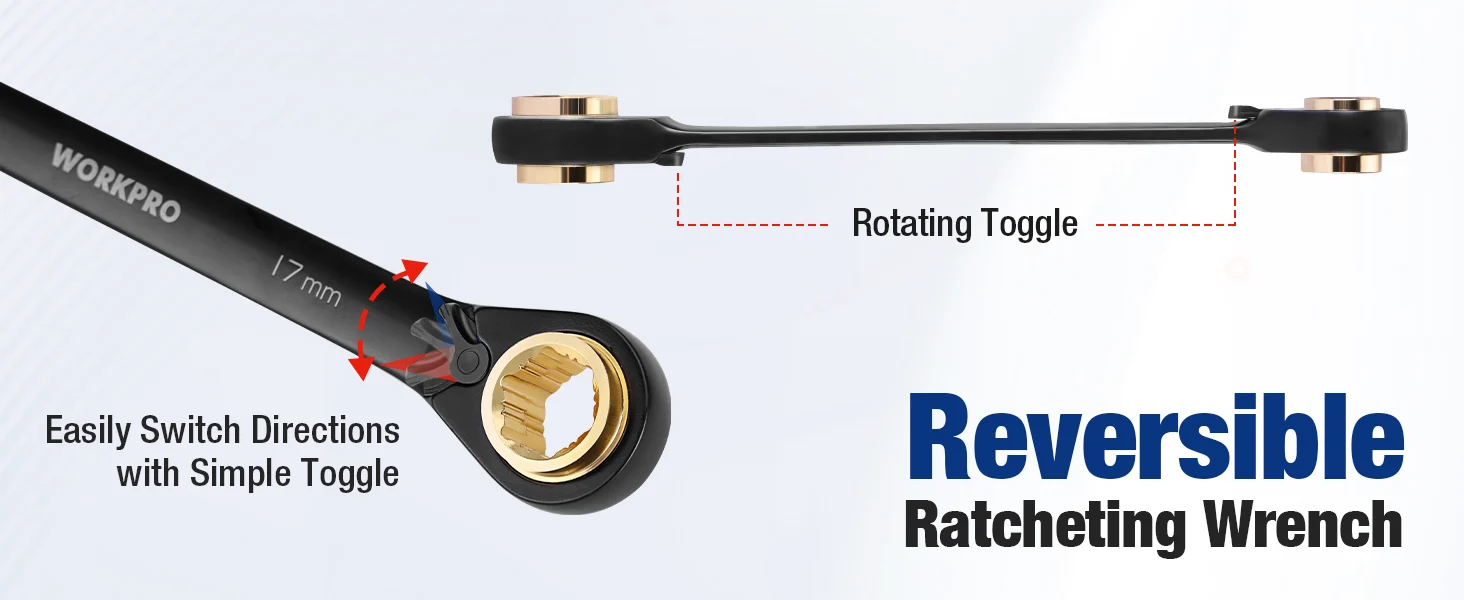 Adjustable ratcheting wrench with rotating toggle, showing a gold socket and labeled directions for switching