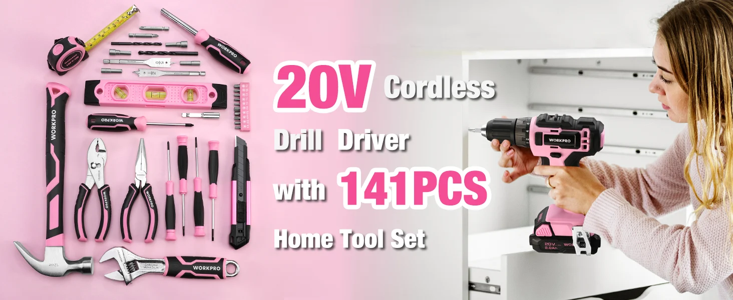 Home tool set with a pink cordless drill driver and hand tools, with visible 20V and 141PCS text