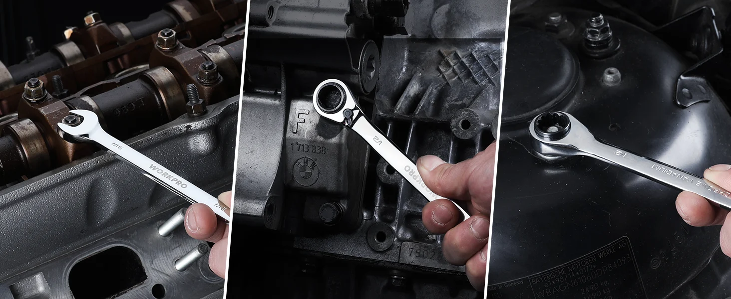Mechanic uses a wrench on a car engine, showing innovation and quality with secure, durable, convenient repair work