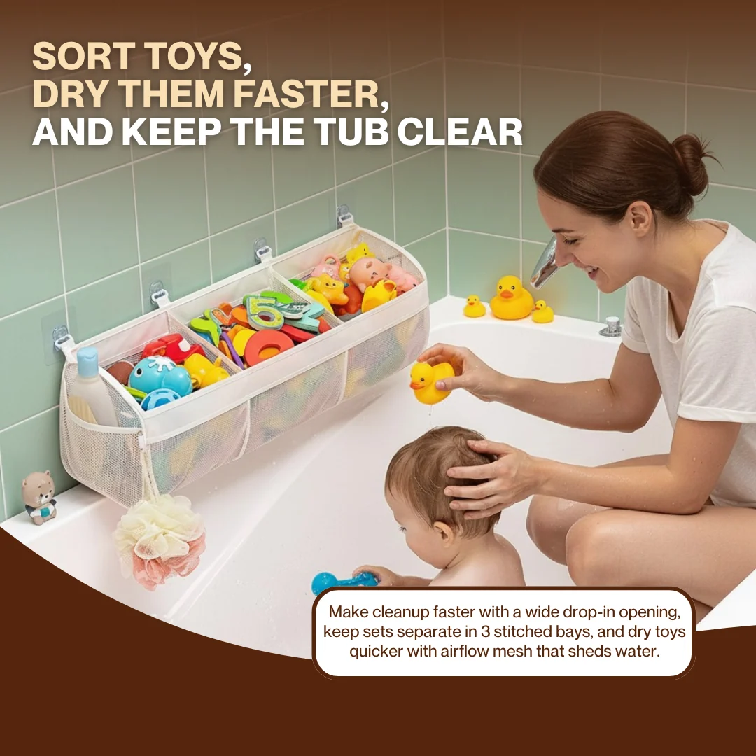 Horizontal Bath Toy Holder with 3 Compartments and Quick Dry Mesh