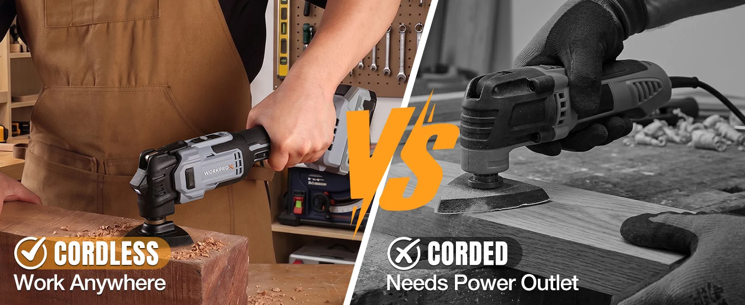 Cordless and corded power tools in a workshop, with innovation and quality shown on split text panels