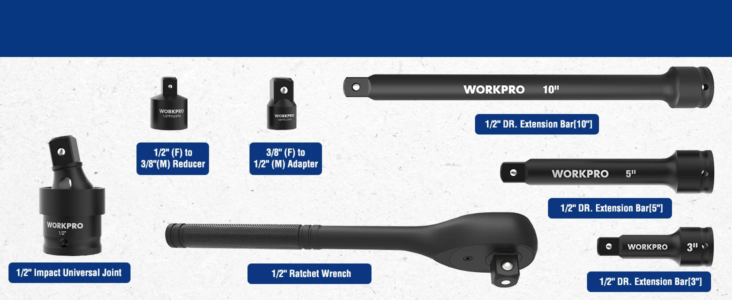 Workpro ratchet wrench set with 1 2 inch impact universal joint and extension bars, showing sizes and adapters