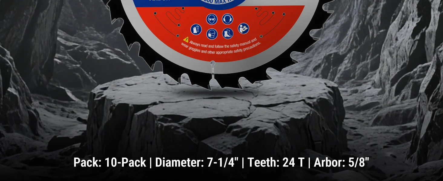Circular saw blade with 24 teeth over gray rock, with safety label and text about diameter and arbor