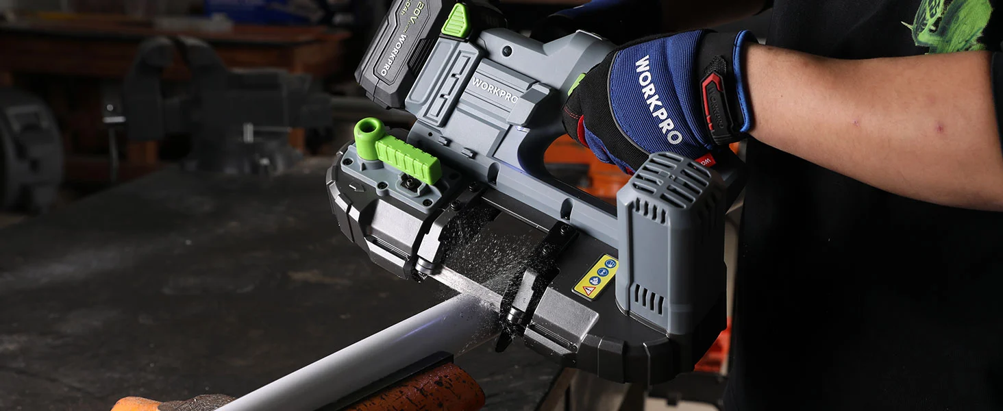 Power tool with a metal frame and green guides in a workshop, showing innovation and quality during use