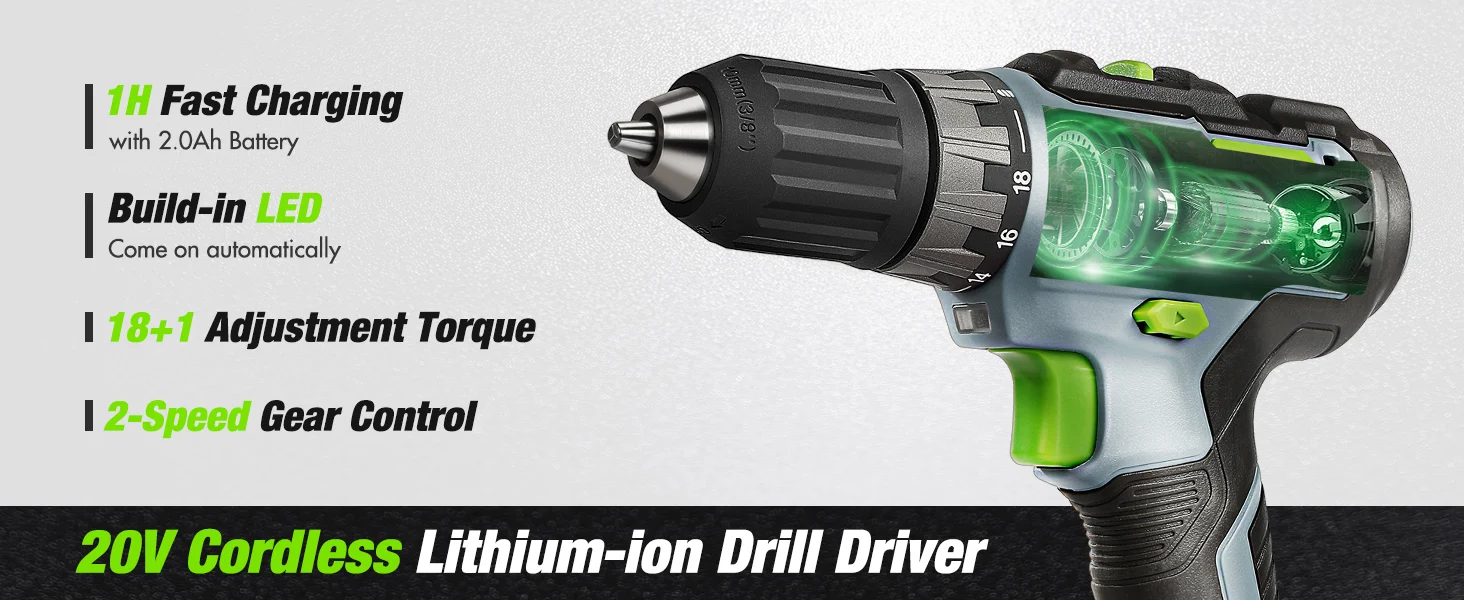 Cordless lithium ion drill driver with green LED light showing innovation and quality on a product graphic