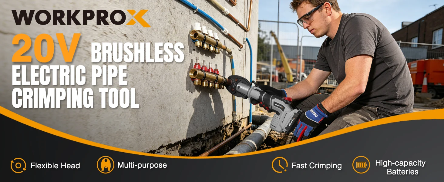 Worker using a cordless electric pipe crimping tool on copper fittings, with innovation and quality visible