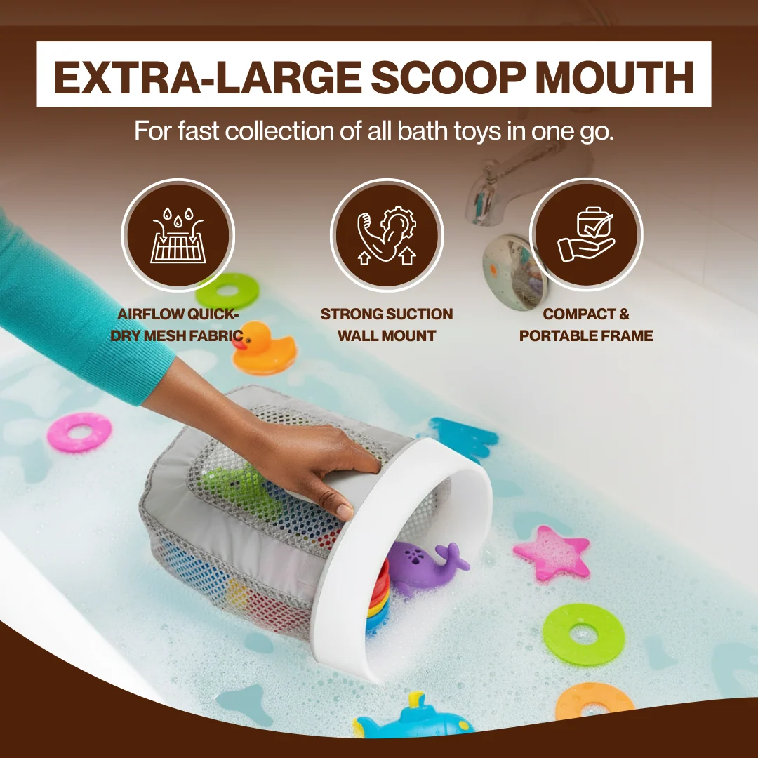 Hanging Bath Toy Storage with Quick-Dry Mesh and Large Scoop, Grey