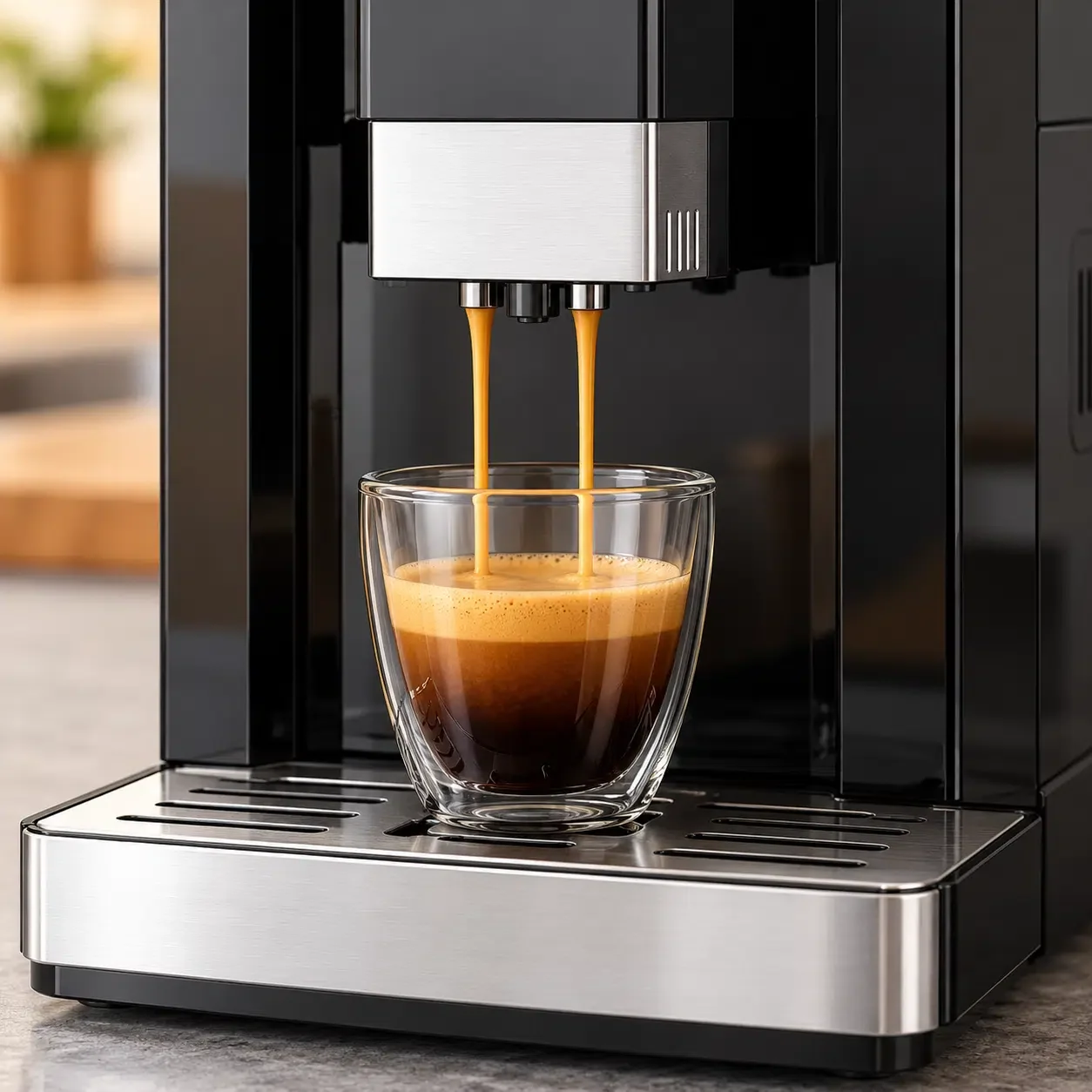 Kismile automatic espresso machine dispensing espresso into a glass cup