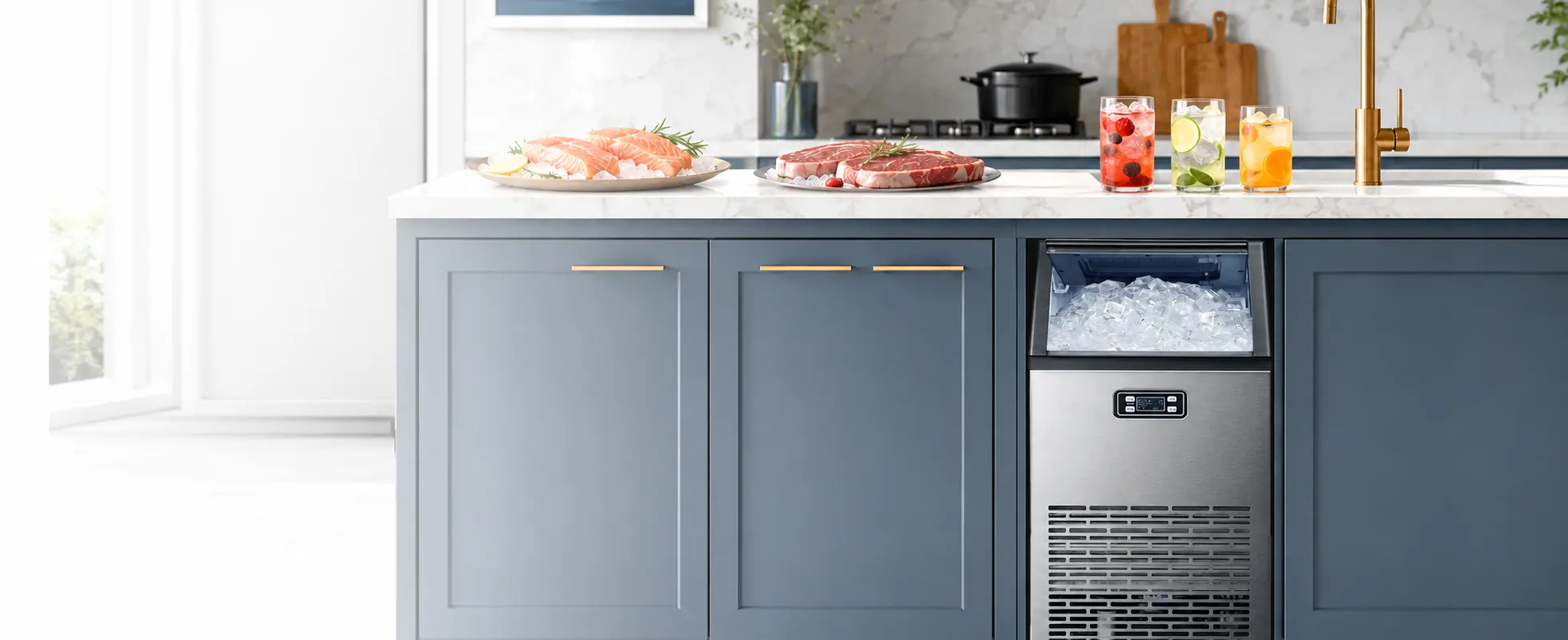 Kismile commercial ice maker with a full ice bin beneath a kitchen countertop
