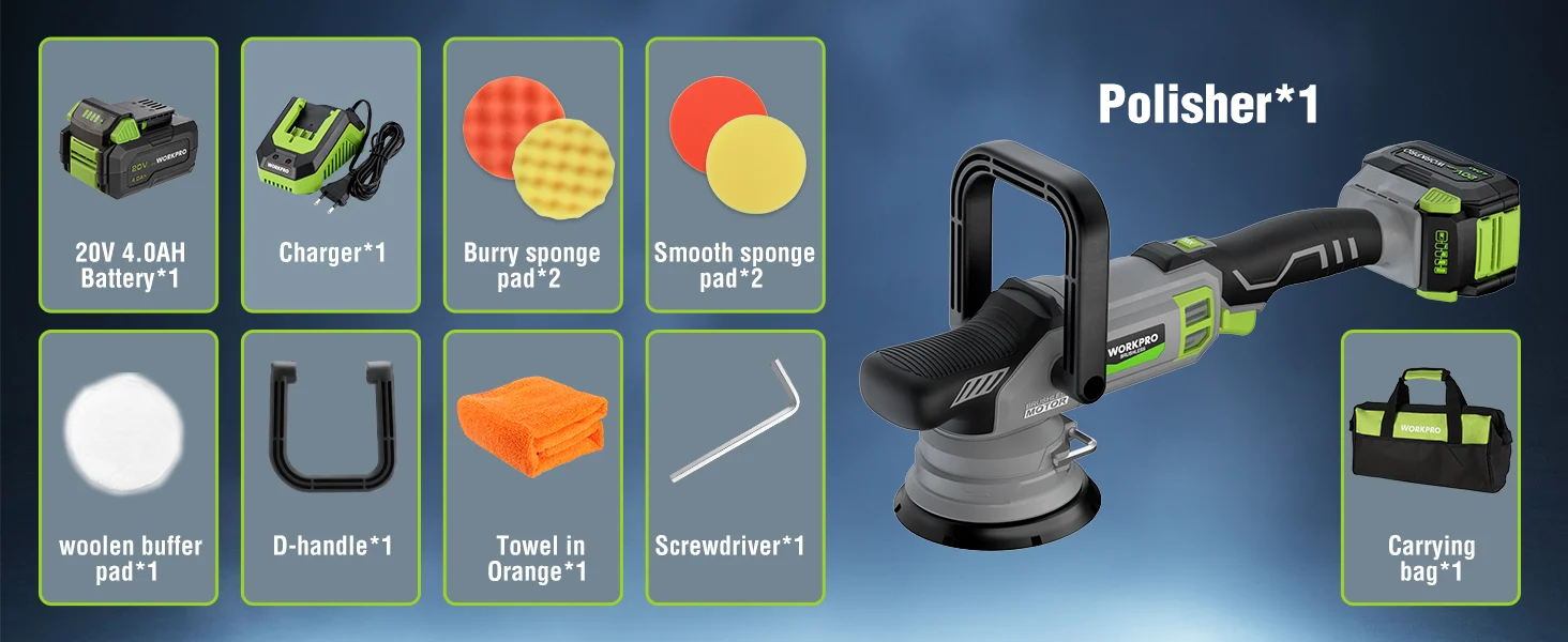 Power polisher kit with innovation, quality, high-quality, durable parts, and sponges, plus a carrying bag