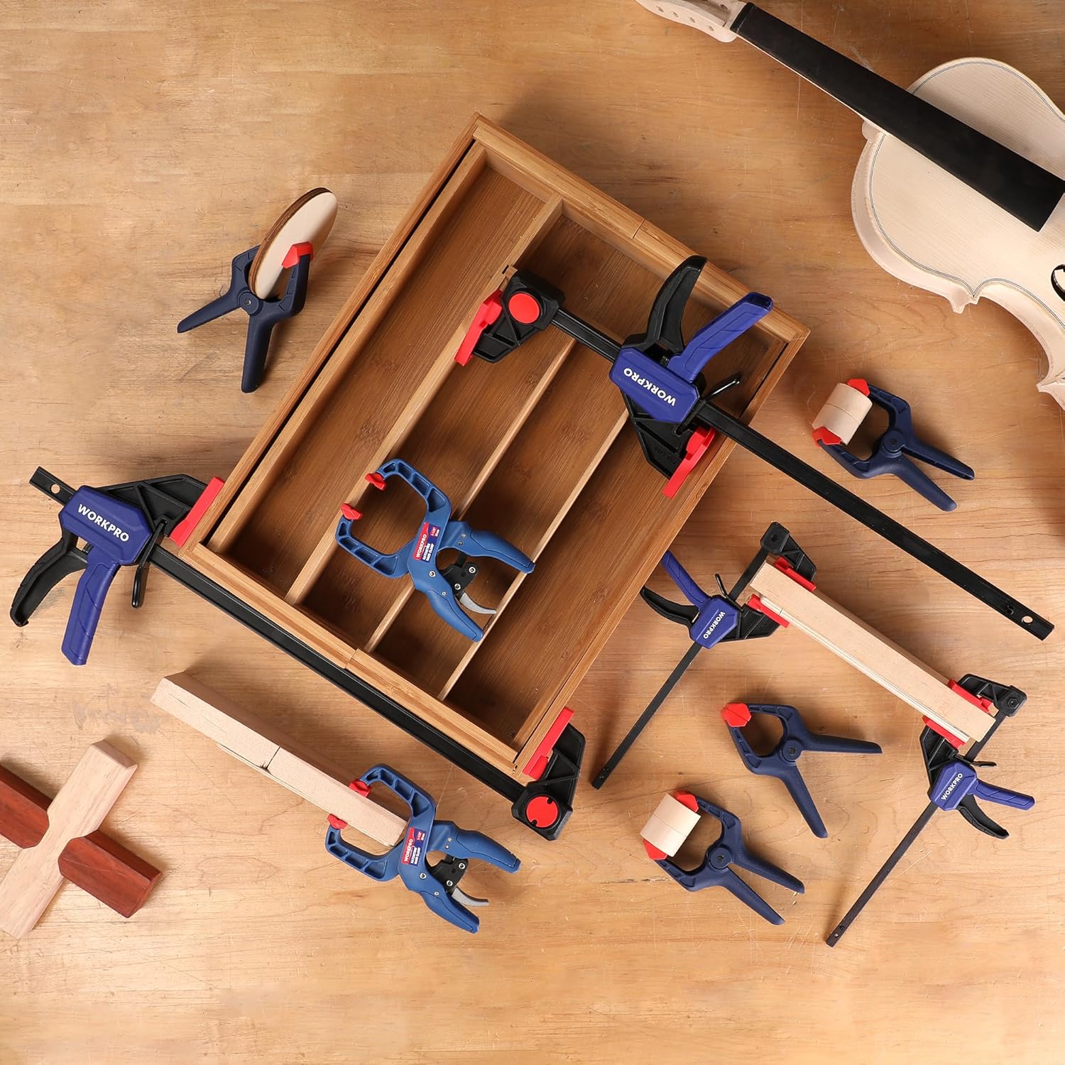 WORKPRO 10-Pack Clamps for Woodworking, 12" & 6" Bar Clamps, 2 Quick-Release Ratcheting Wood Clamps and 4 Spring Clamps, Light Duty F Clamps/Spreader 150 LBS Load Limit - Image 7