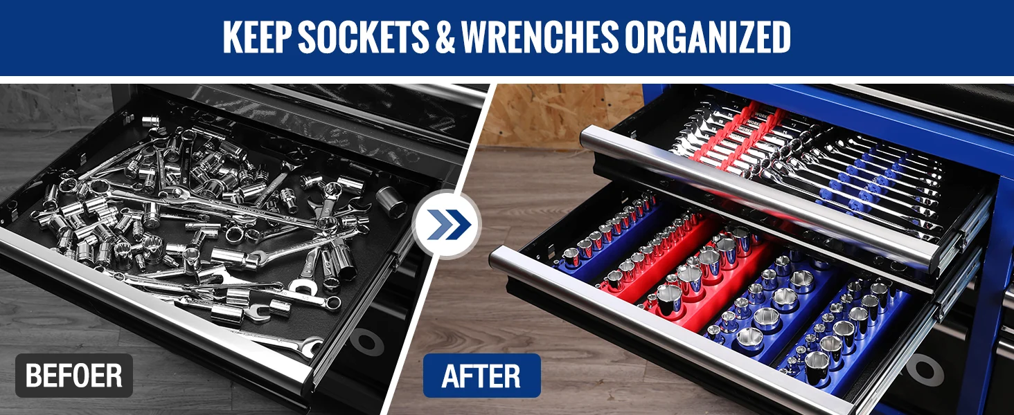 Toolbox with sockets and wrenches, showing innovation and high-quality organization in blue and red trays