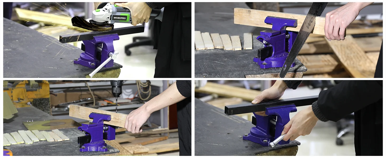Metalworking innovation and quality with a high-quality secure durable clamp holding wood while cutting and drilling