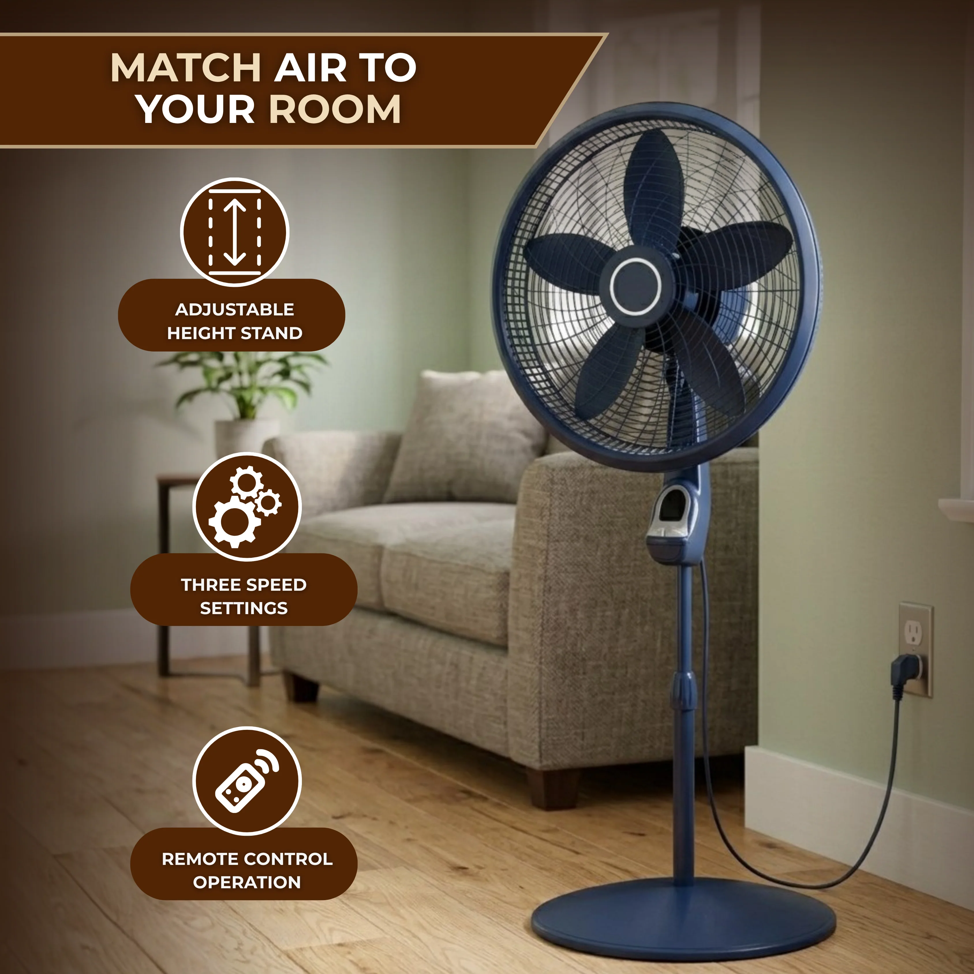 Oscillating Pedestal Fan with Remote Timer and 3 Speed Settings