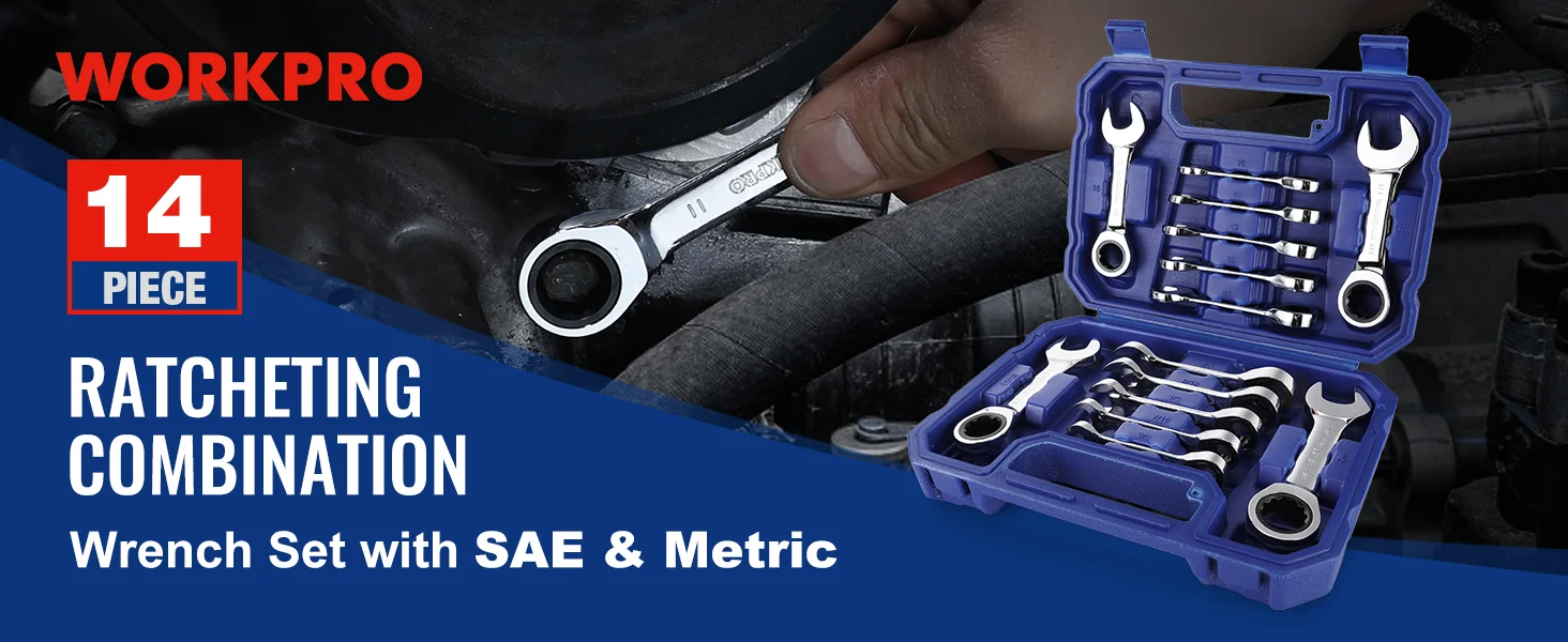 Wrench set with ratcheting combination tools in a blue case, with visible SAE and metric markings