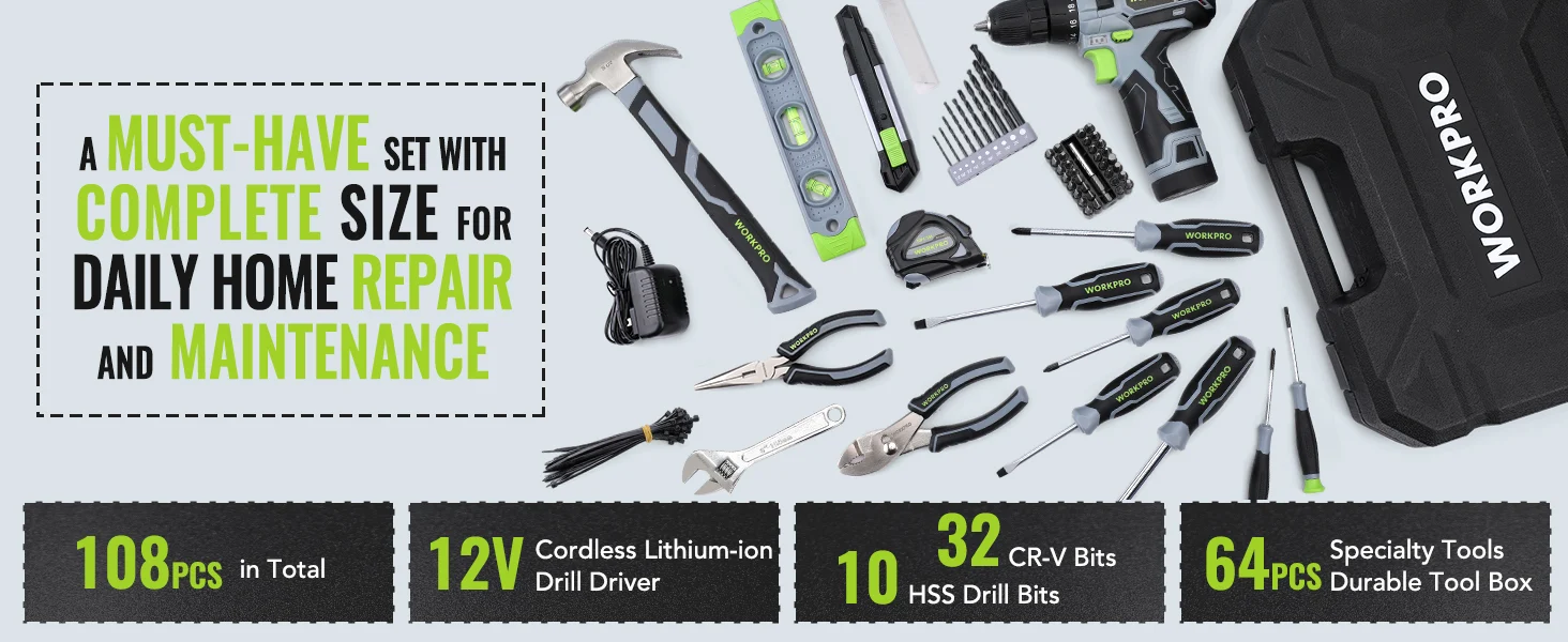 Tool set with cordless drill driver, bits, screwdrivers, and a durable tool box in a home repair layout
