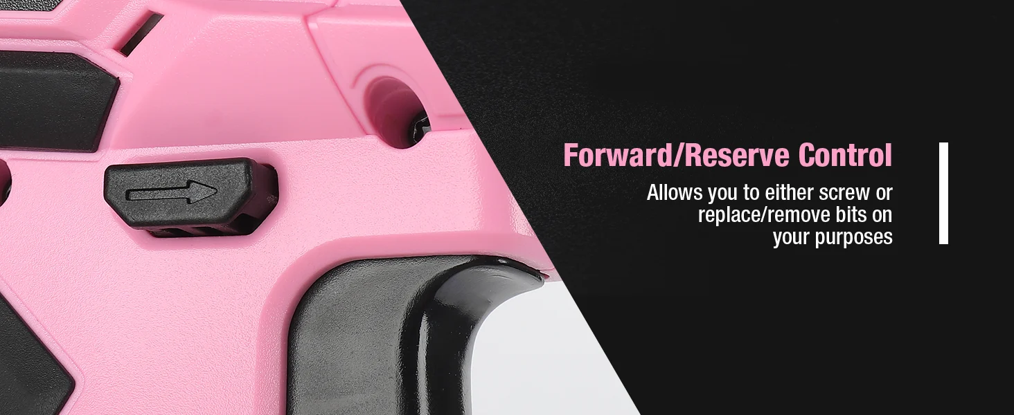 Pink power tool handle with innovation quality and durable secure controls for forward and reserve control bits