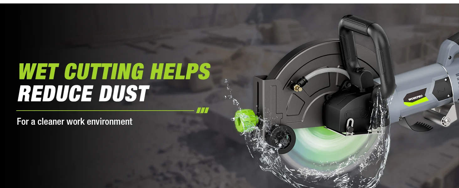 Power tool cutting concrete with water spray, wet cutting helps reduce dust for a cleaner work environment