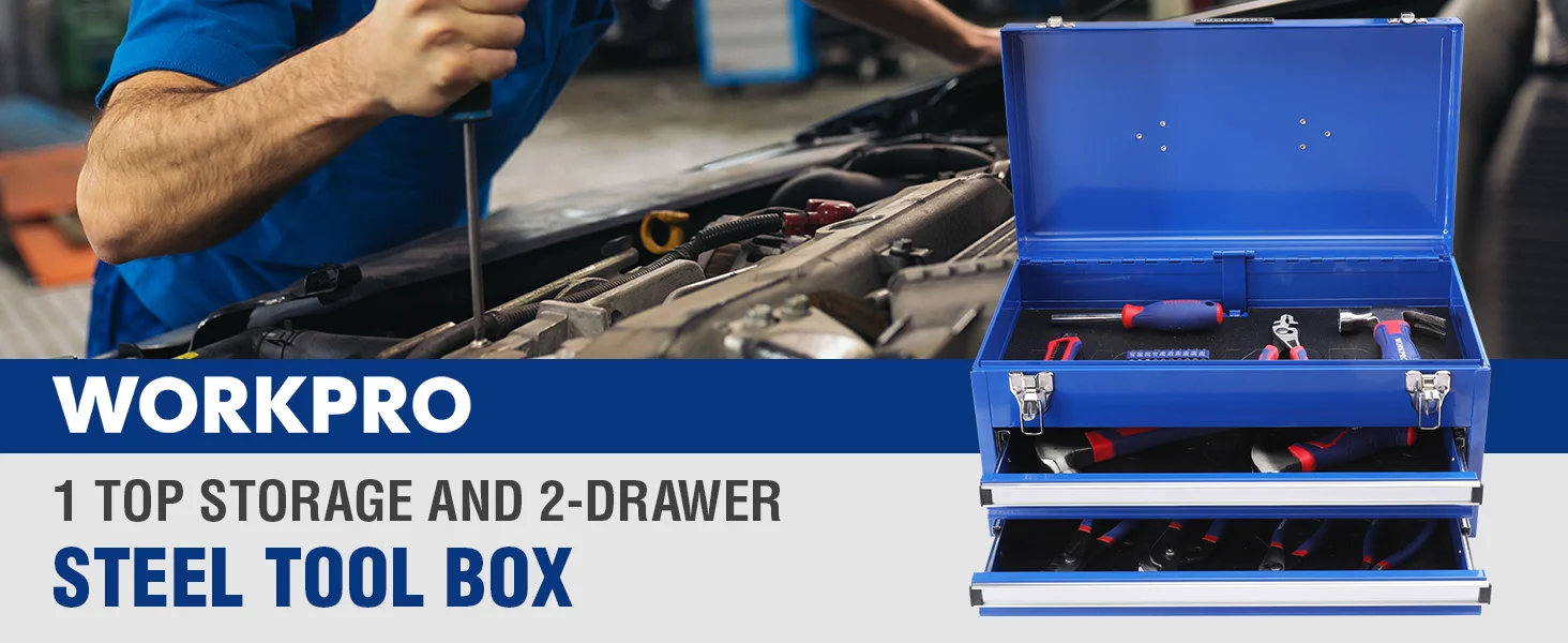Mechanic working in an open steel tool box with hand tools, showing innovation and quality in a workshop setting