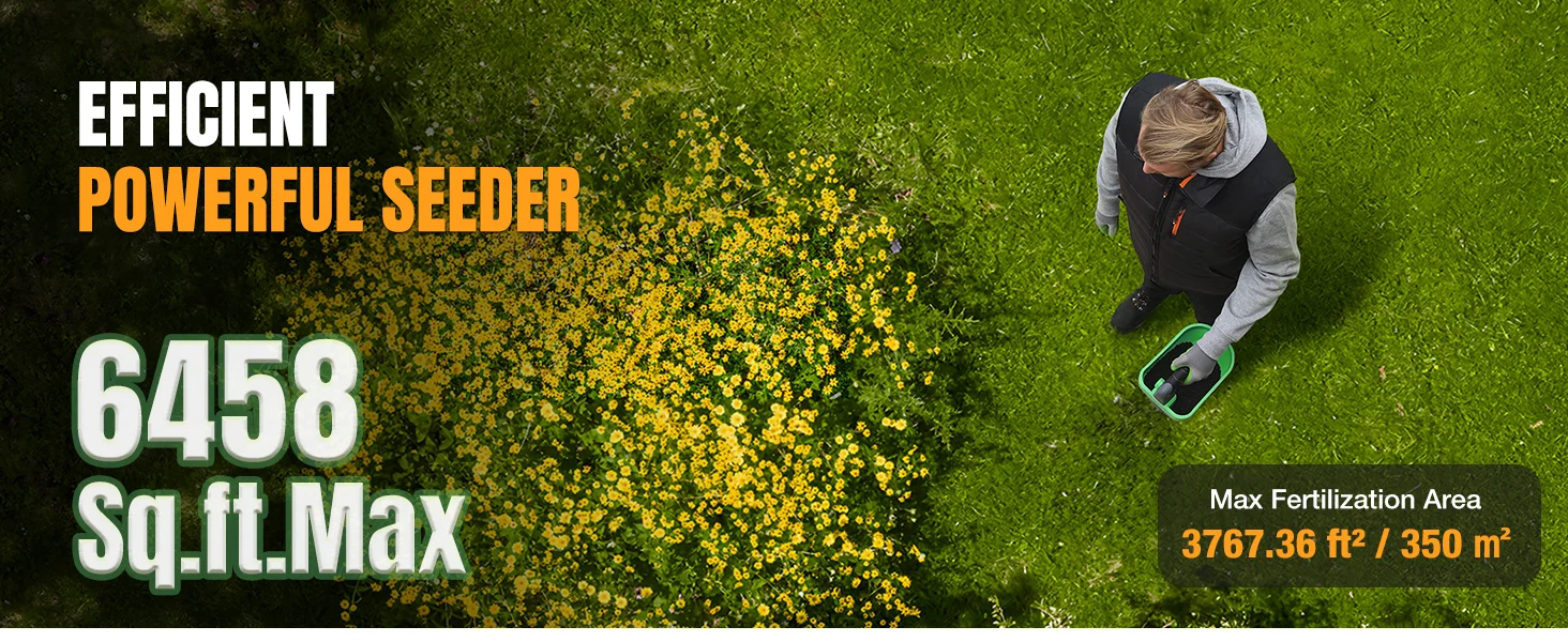 Person spreading seeds in a green field of yellow flowers, with a fertilizer area label showing 3767.36 ft2