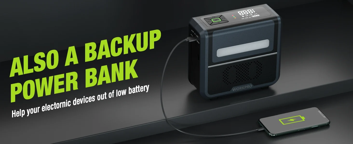 Portable power bank with screen and charging cable, innovation and quality shown in a dark setup