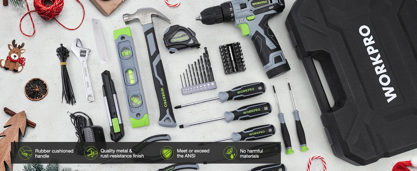 Tools and accessories laid out on a workbench, with innovation and quality text overlays and a drill case