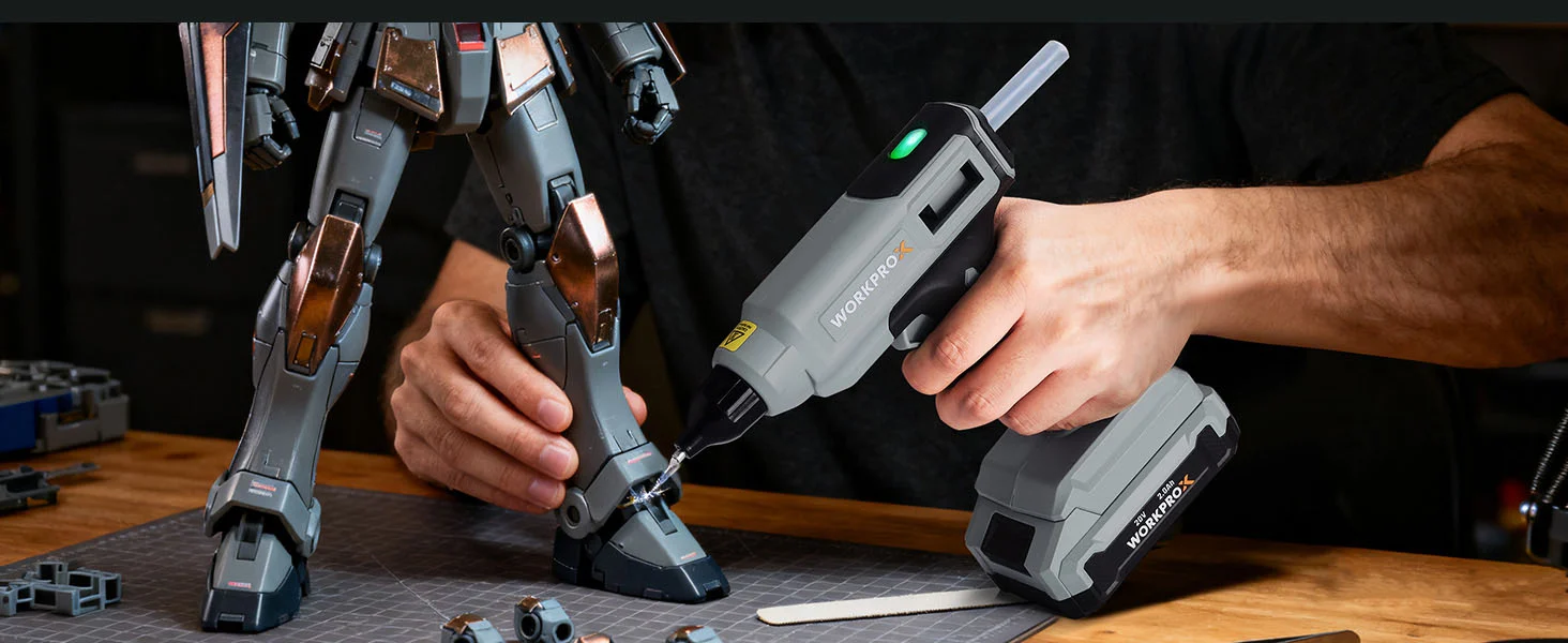 Handheld power tool with innovation and quality features, cutting on a workbench with visible metal parts