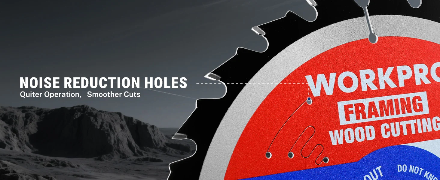 Circular saw blade with noise reduction holes and red training label, showing wood cutting and quiet operation