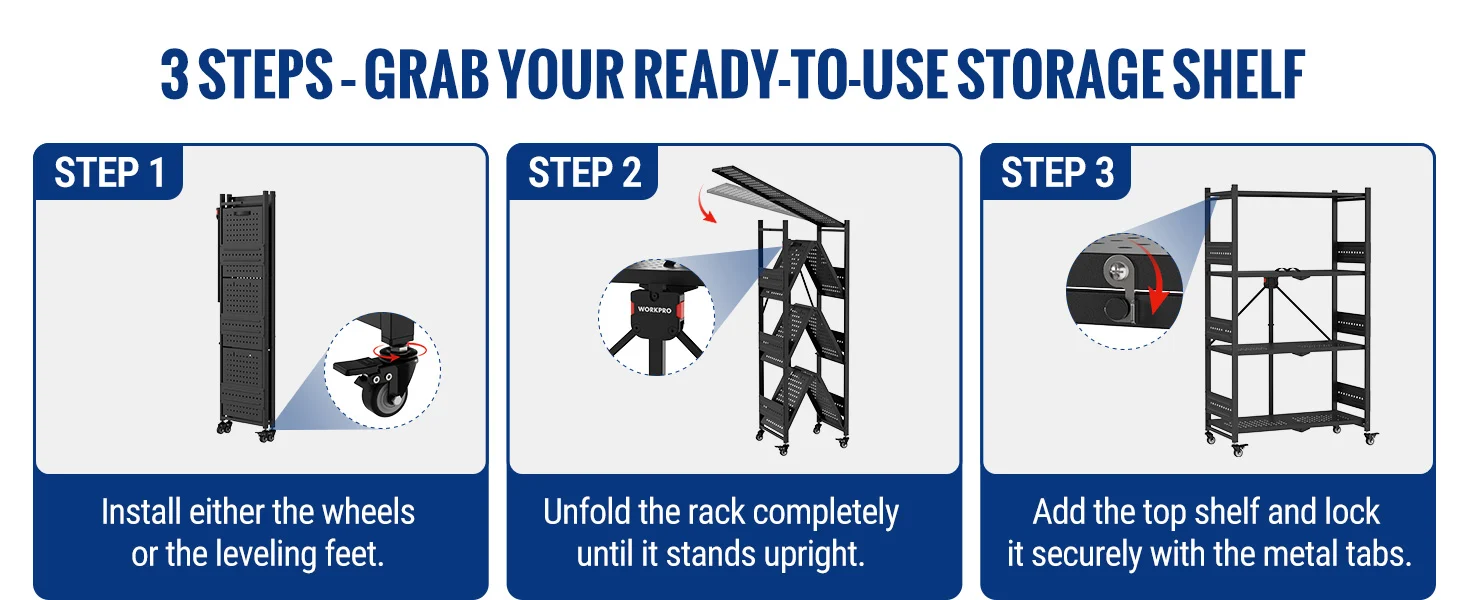Storage shelf assembly diagram with three steps, showing wheels or leveling feet, unfolding, and locking metal tabs