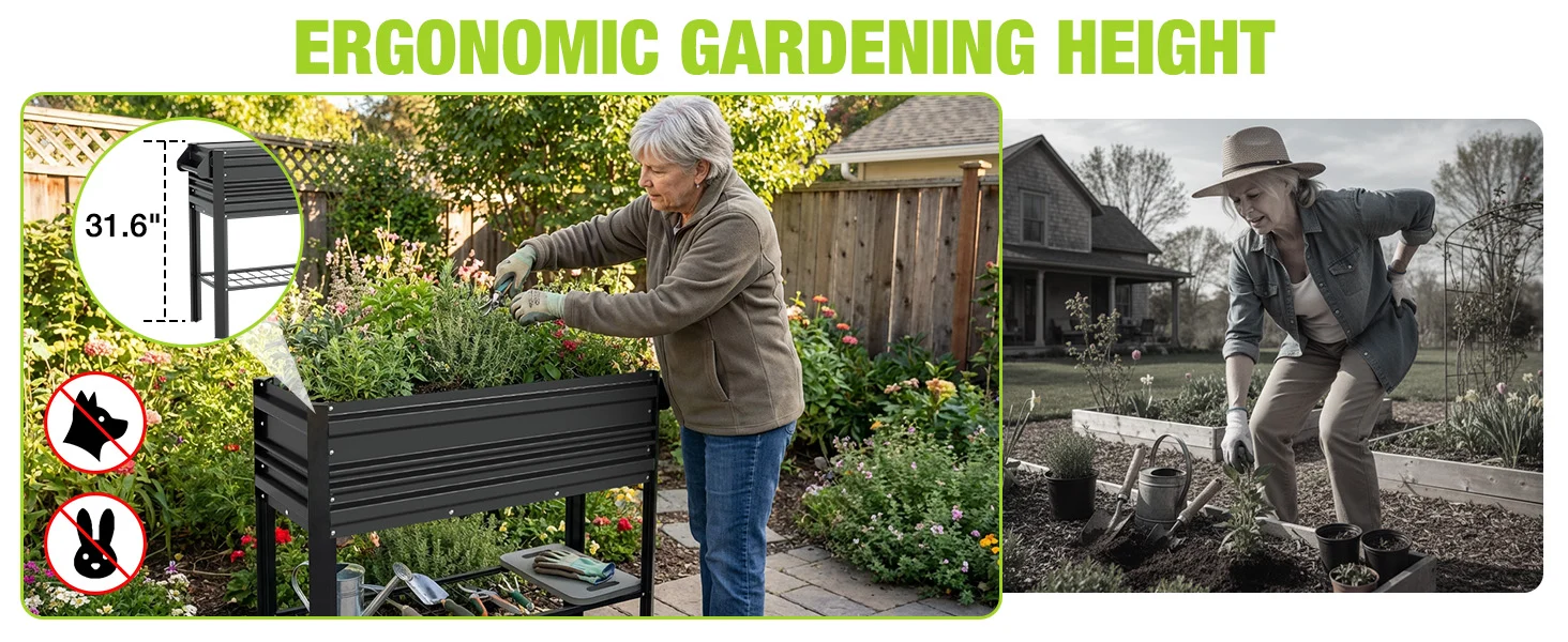 Garden bench with ergonomic height shown in a yard, with a person gardening among flowers and shrubs