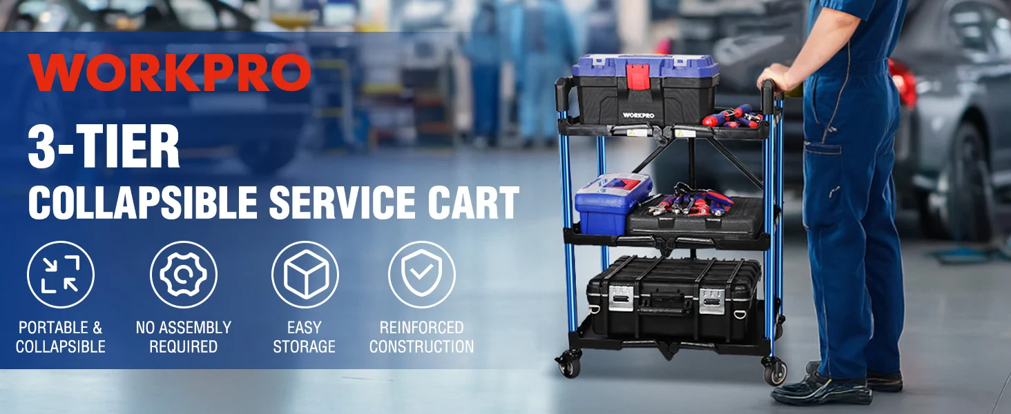 WorkPro service cart in a workshop with tools and a worker, showing innovation and durable quality