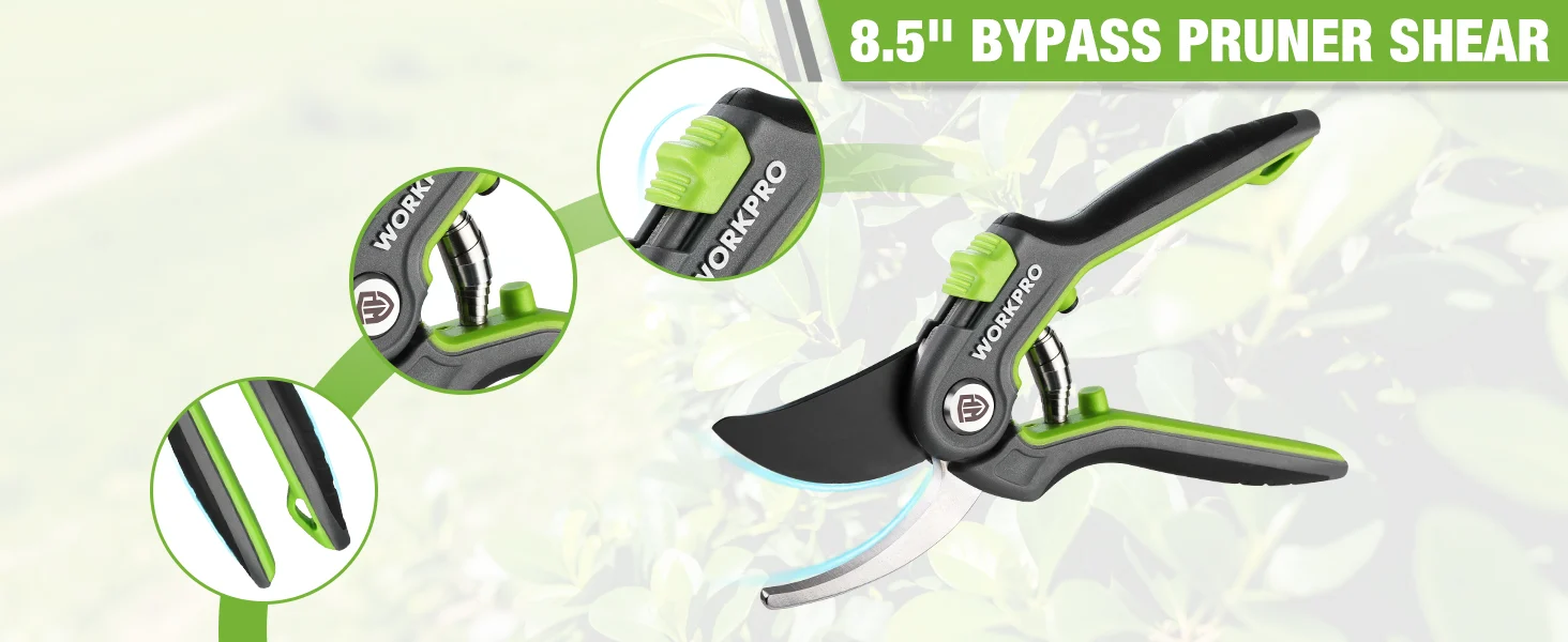 Garden pruner shear with black and green handle, showing innovation, quality, and durable cutting design