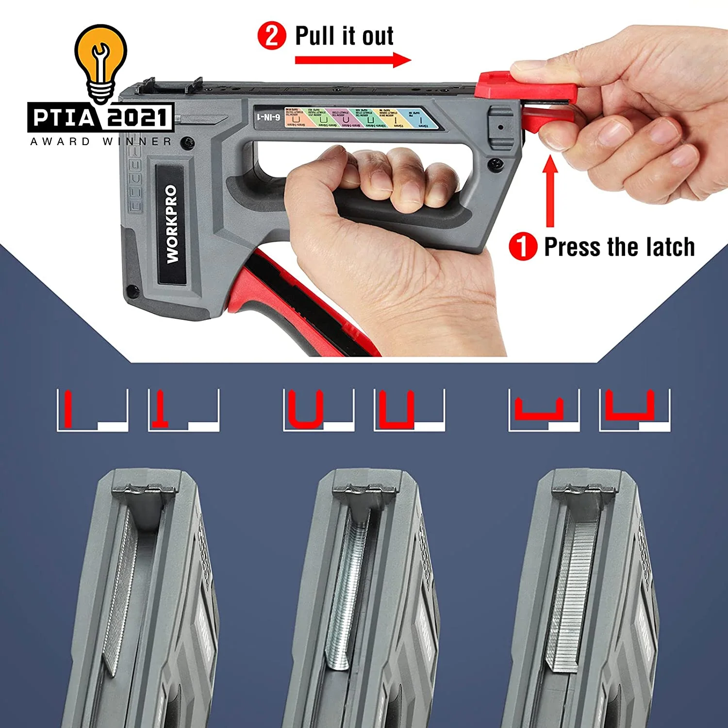 Manual brad nailer stapler with red trigger handle and metal latches on the front