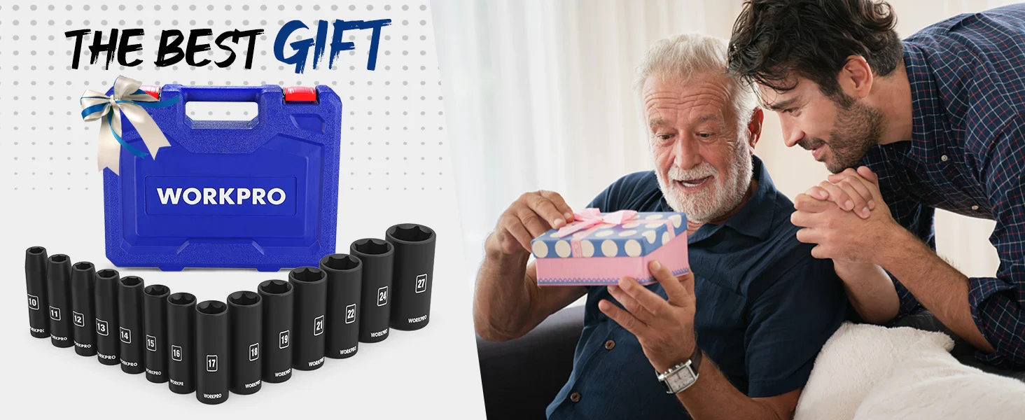 Workpro socket set in a blue case with numbered black sockets, with two men opening a gift at home