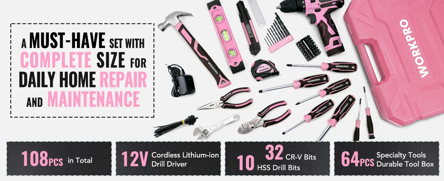 Tool set with pink and black cordless drill, bits, and durable tool box, featuring innovation and quality
